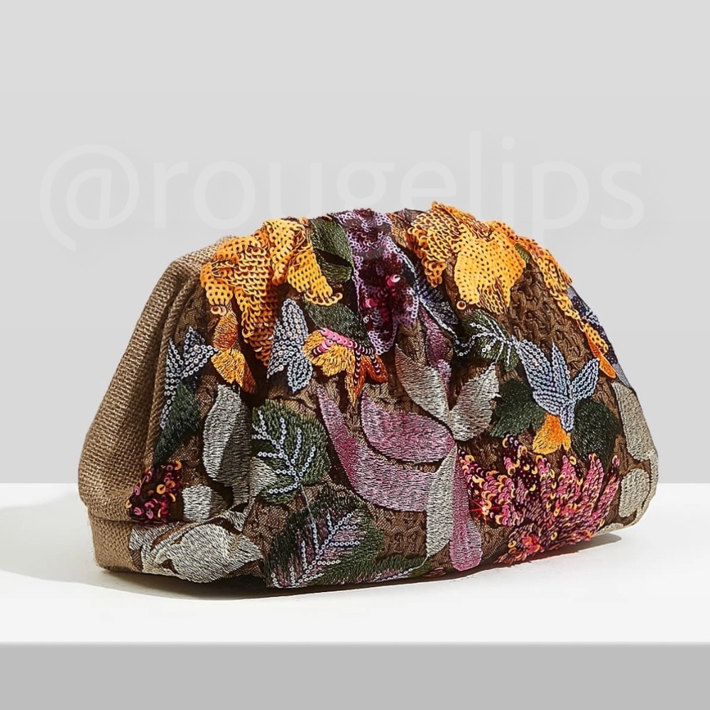 Sequined Floral Pattern Pouch Clutch Bag Multicolor - Picture 7 of 11